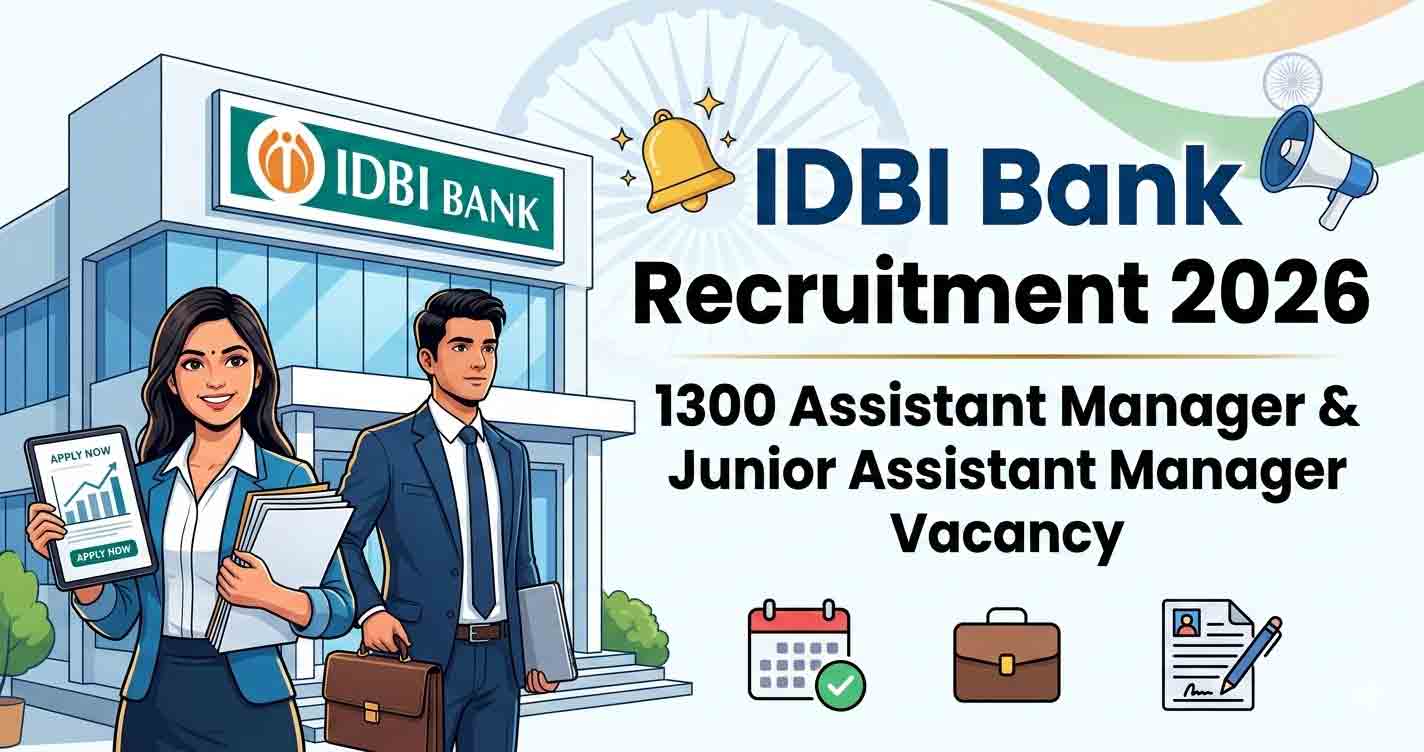 IDBI Bank Recruitment 2026 released for 1300 Assistant Manager & Junior Assistant Manager posts. Check eligibility, exam date, vacancy details and apply online